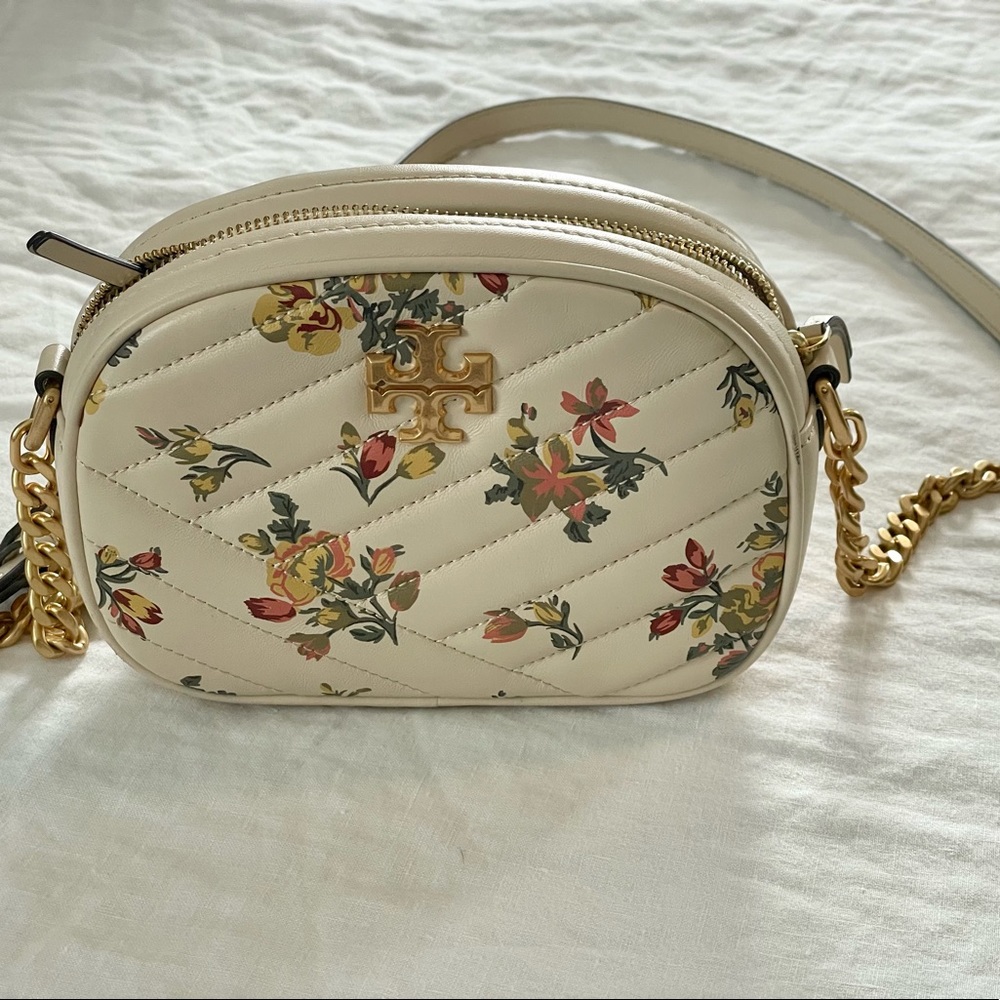 LIKE New Tory Burch Camera Kira Chevron Floral Rose Leather Crossbody
